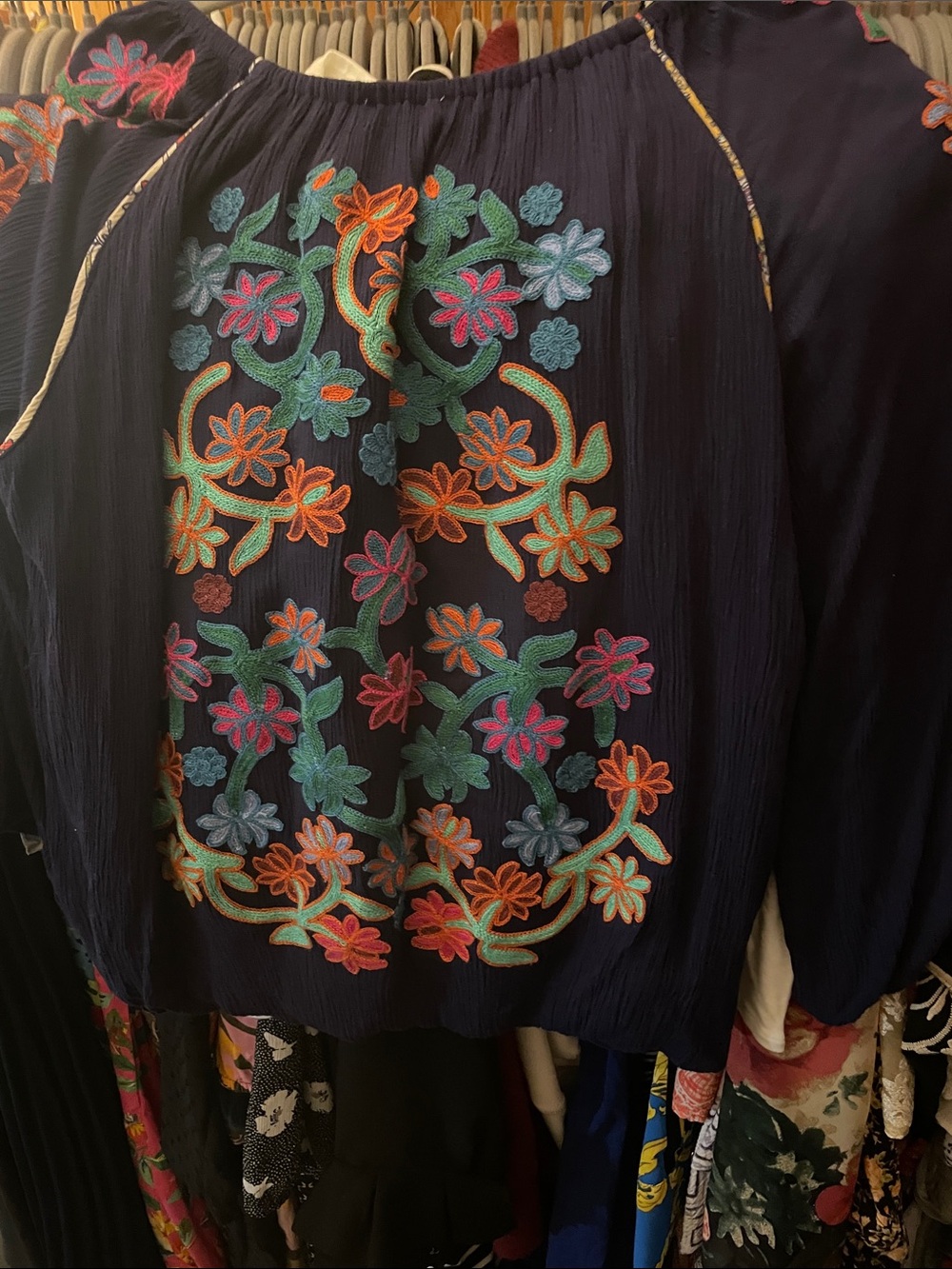 John Mark Navy Bohemian Floral Embroidered Peasant Blouse - Picture 4 of 4